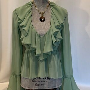 Francesca’s Sage Green Ruffled V-Neck Blouse Size-Small